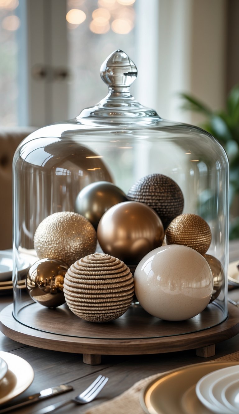 Glass cloche covering a collection of decorative orbs arranged as a centerpiece on a dining table.